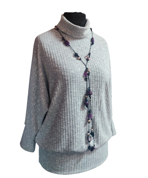 Cieplutki sweter KIMONO z golfem - szary prążek z połyskiem